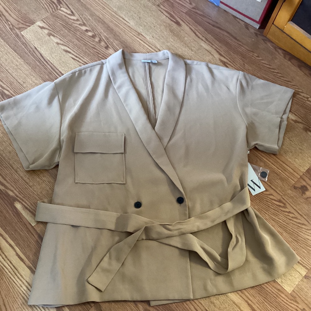 Worthington Tan Short Sleeve Double Breasted Belted Blazer  Size 2X